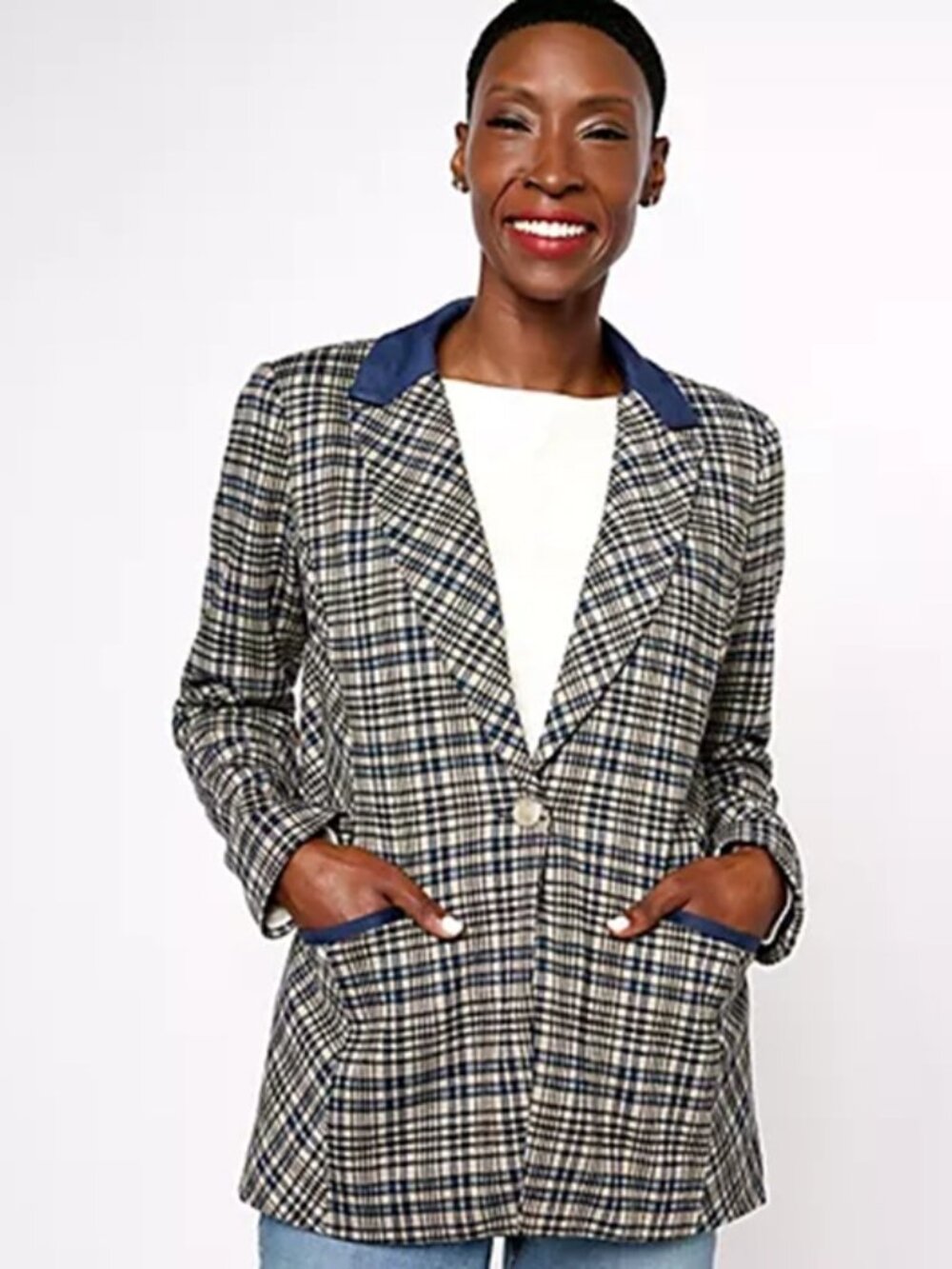 Susan Graver Jacquard Knit Blazer w/ Faux Suede Trim Ink Petite 3X
